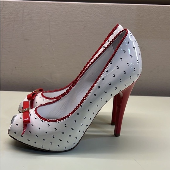 Made in Italy Marino FabianiRed and White Stiletto Peep-Toe Heels with Bow - Picture 1 of 10